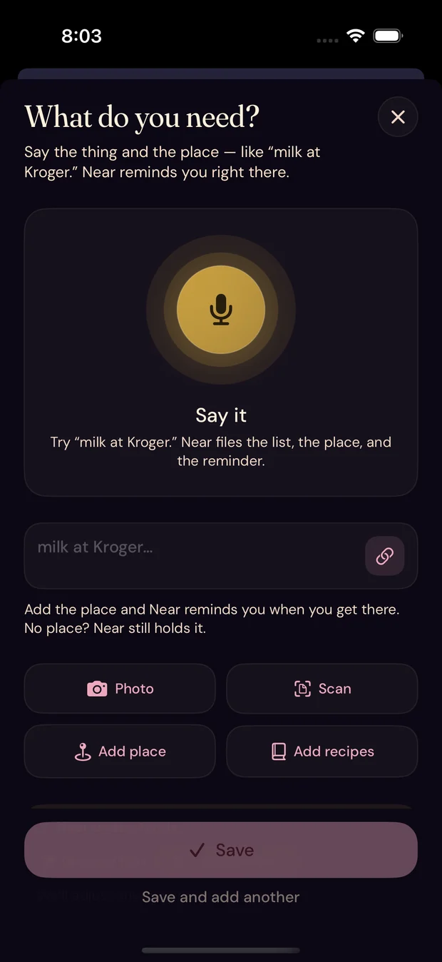 Near's capture sheet on iPhone. A microphone button labelled Say it, a text field, and a line reading: add the place and Near reminds you when you get there. No place? Near still holds it.