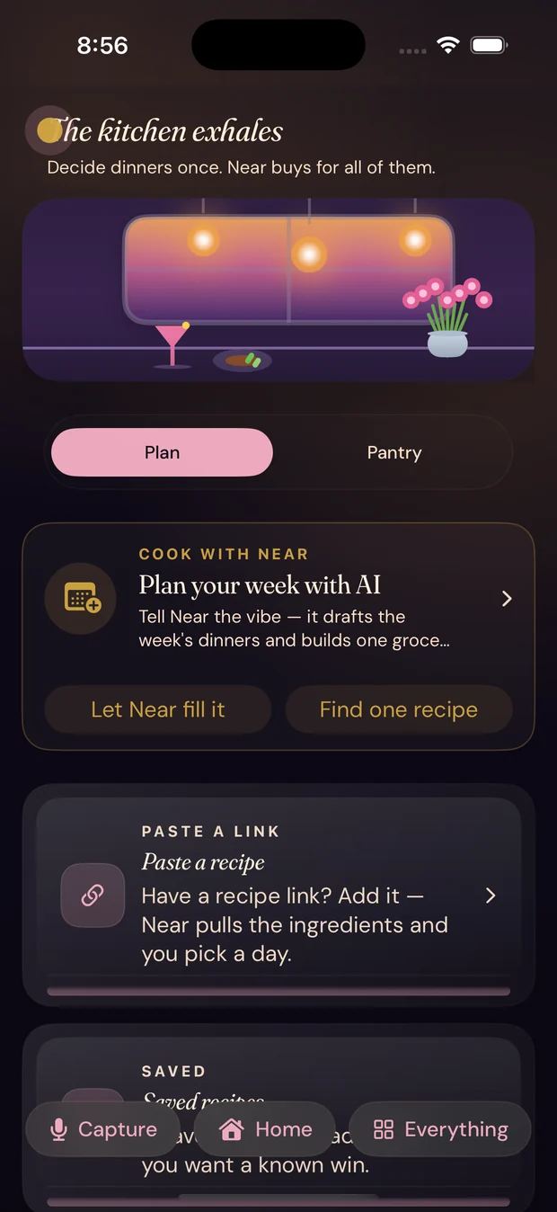 Near's meal planning screen on iPhone, headed The kitchen exhales, with a plan-your-week-with-AI card and a tab for the pantry.