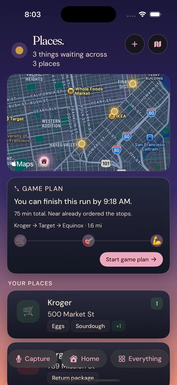 Near's Places screen on iPhone. A map with glowing pins, a game plan card reading you can finish this run by 9:18 AM, and a list of saved places with the items waiting at each.