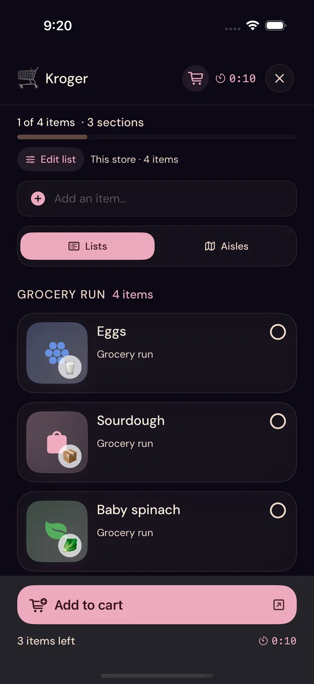 Near open at Kroger: one of four items done, three sections, a Lists and Aisles switch, and the grocery run listed with an Add to cart button.